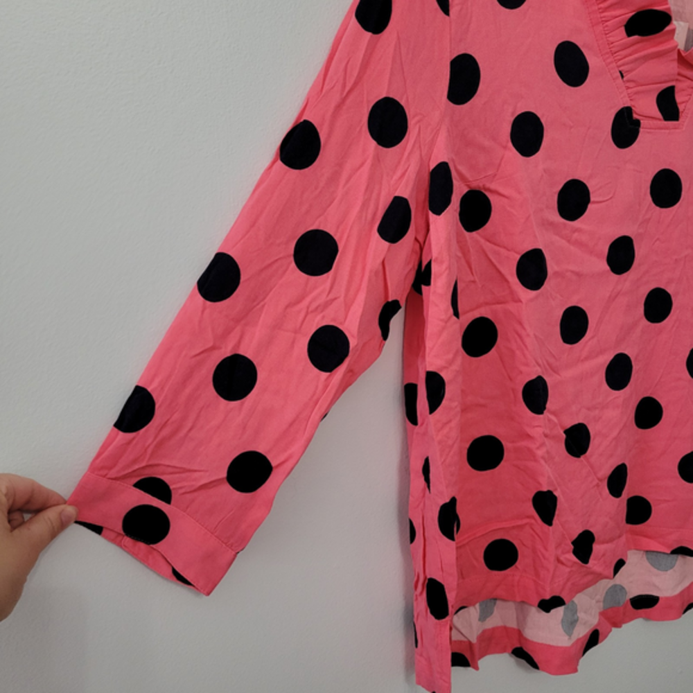 NWT Crown & Ivy Women's Ruffle Trim Pink Polka Dot Blouse Top Size Large Petite - Picture 3 of 11